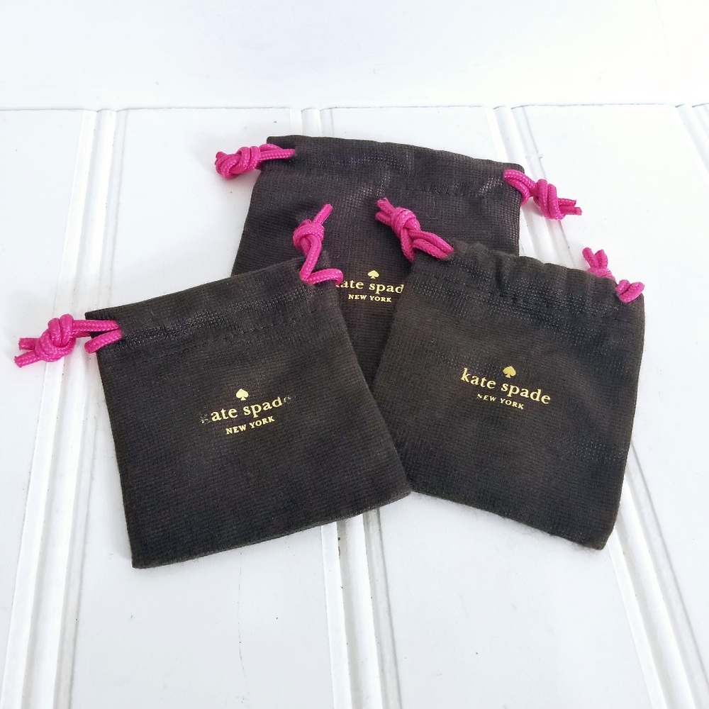 Kate Spade Woven Brown Drawstring Jewelry Pouches X3 Pink Cord & Gold Logo